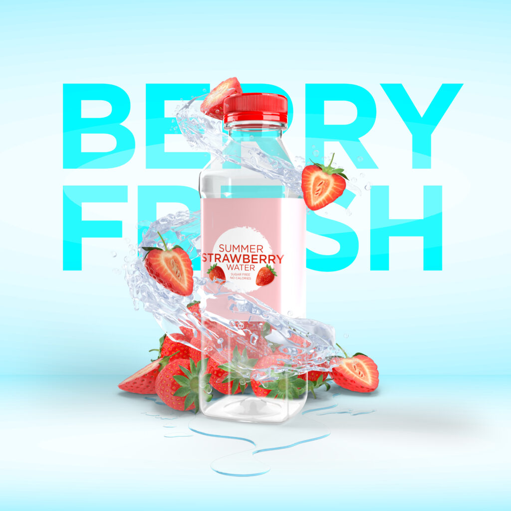 3D Product Rendering showing water swirling around a bottle with strawberries