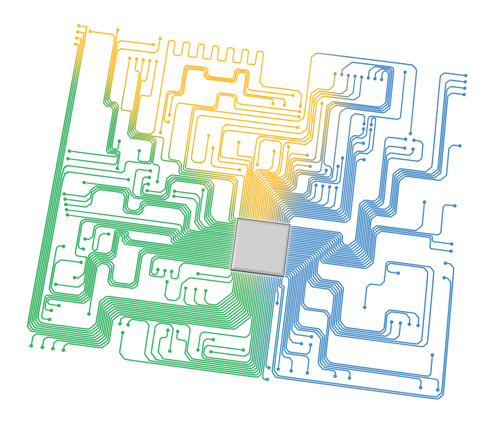 Computer circuit board coloured in Google colours