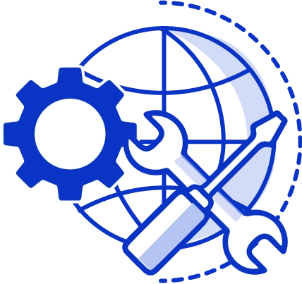 Website Management Icon with World, Gear and Tools