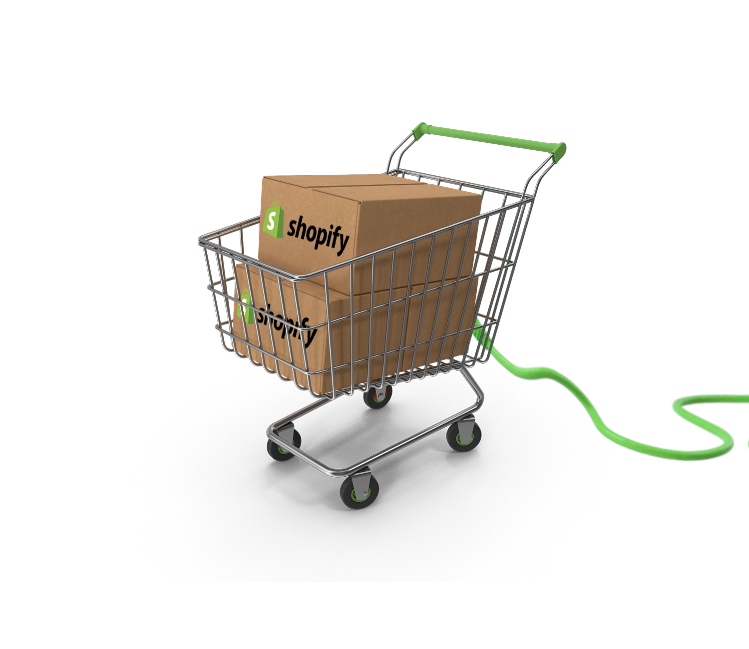 Shopify Boxes on a shopping cart, plugged into a computer patch cord