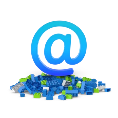 Email marketing graphic with mixed building blocks and an @ symbol