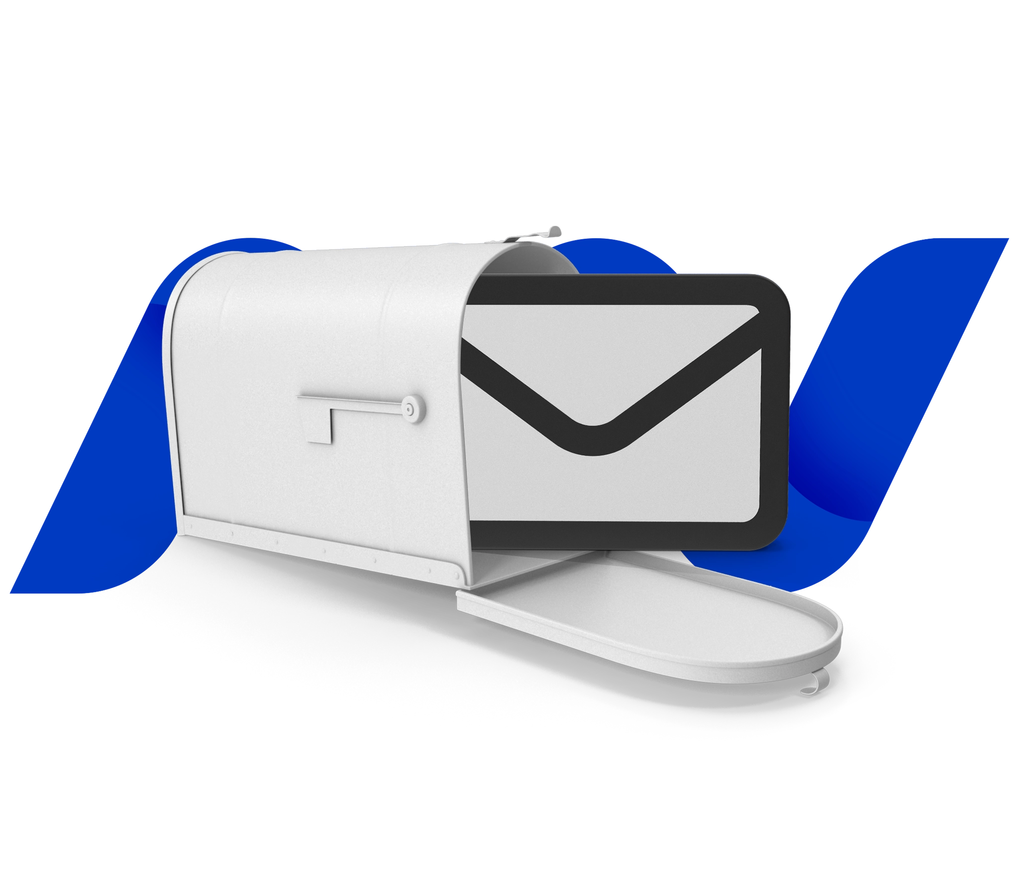 Email marketing graphic showing mailbox and email icon coming out, with the logo behind it