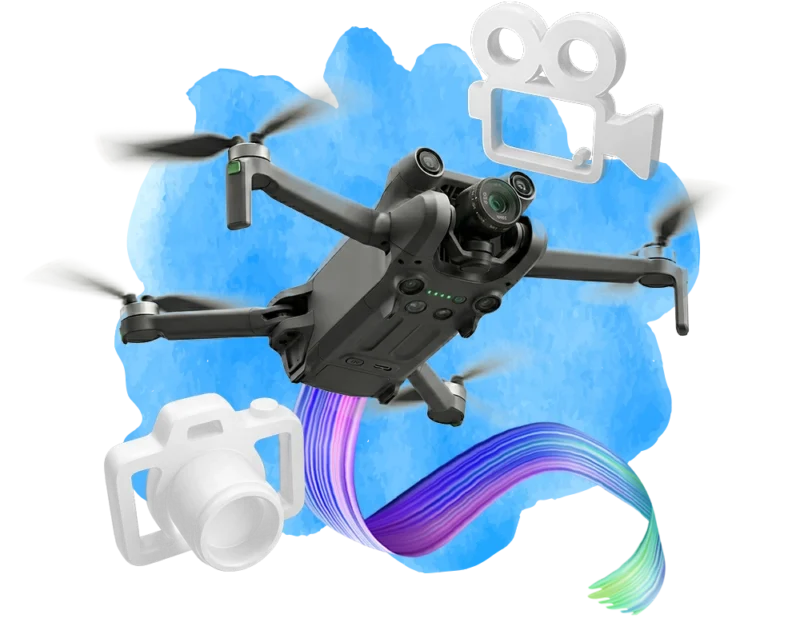 Drone-Services-Layered-Collage-44 Drone services collage with water colour cloud with multimedia icons around drone