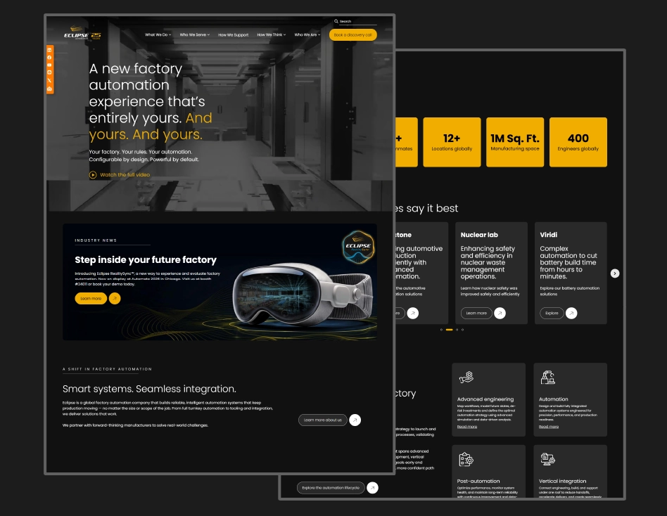 Screenshots showing the home page we designed for an automation brand